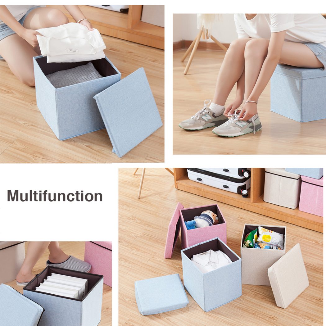 YOFASEN Folding Linen Storage Boxes Versatile Grey Linen Ottoman Strong and Durable Toy Chest Footstool Space-saving 76x38x38cm